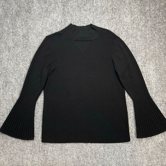 Chicos Sweater Sz 2 Womens Large Mock Neck Cut Out Flare Sleeve Stretch Ribbed - Picture 1 of 7